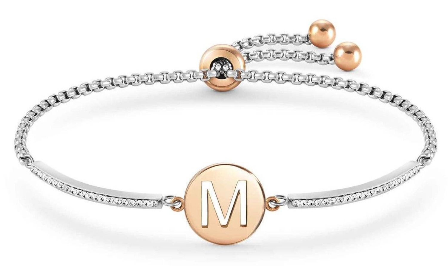 Bransoletka Nomination Italy z kolekcji Milleluci Letters. Wykonana ze stali szlachetnej, zdobiona mieniącymi się, błyszczącymi cyrkoniami pave oraz zawieszką z literą M w kolorze różowego złota. (2).jpg